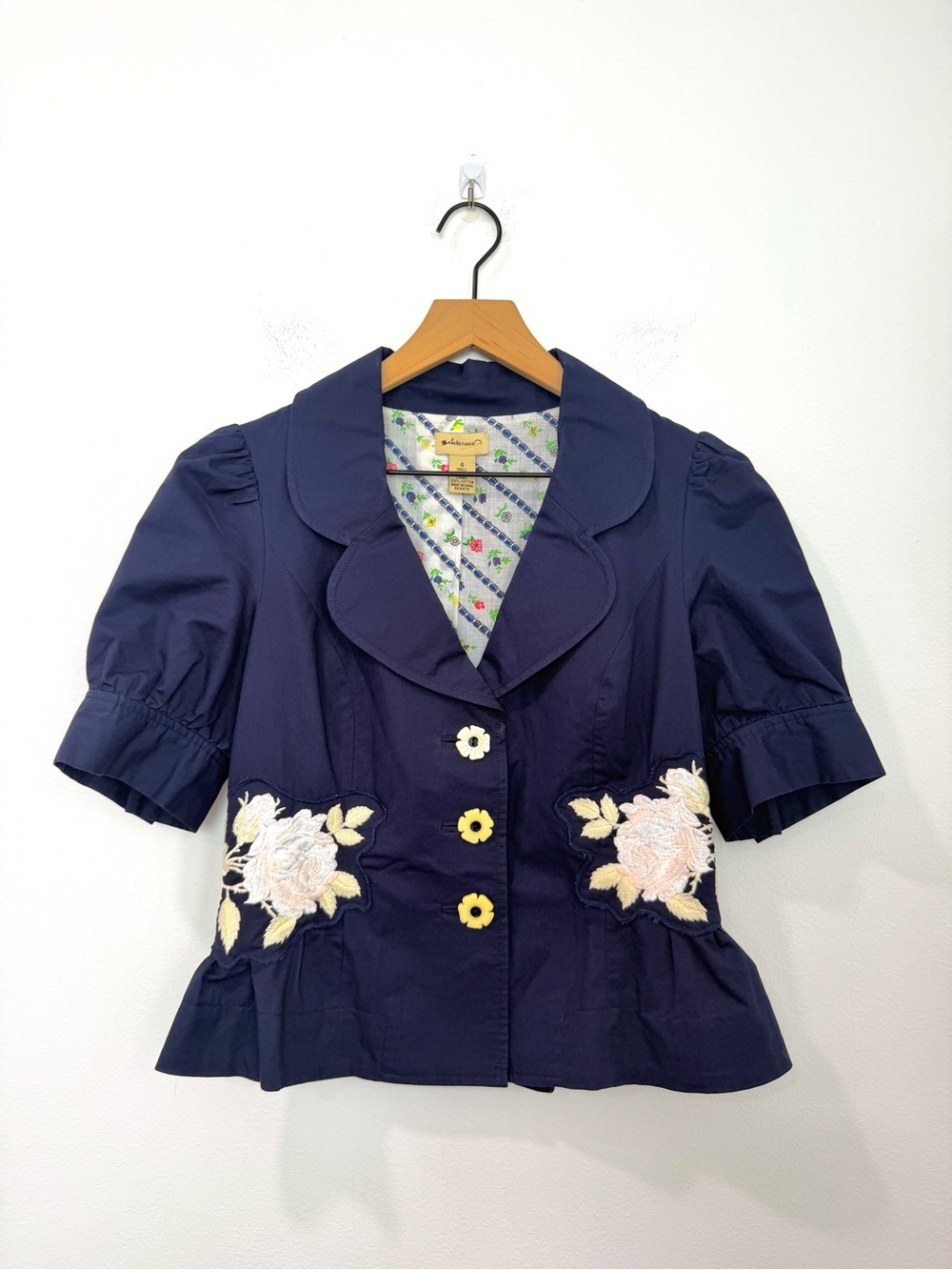 Anthropologie Elevenses Jacket Size 4 Navy Blue Floral Embroidered Rose Peplum